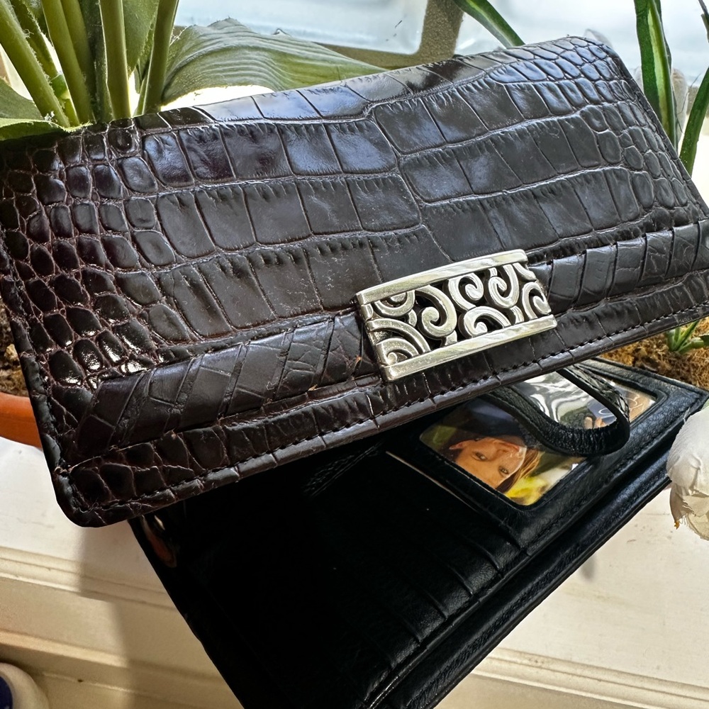 Brighton Dark Brown Crocodile Embossed Clutch with Silver Detail